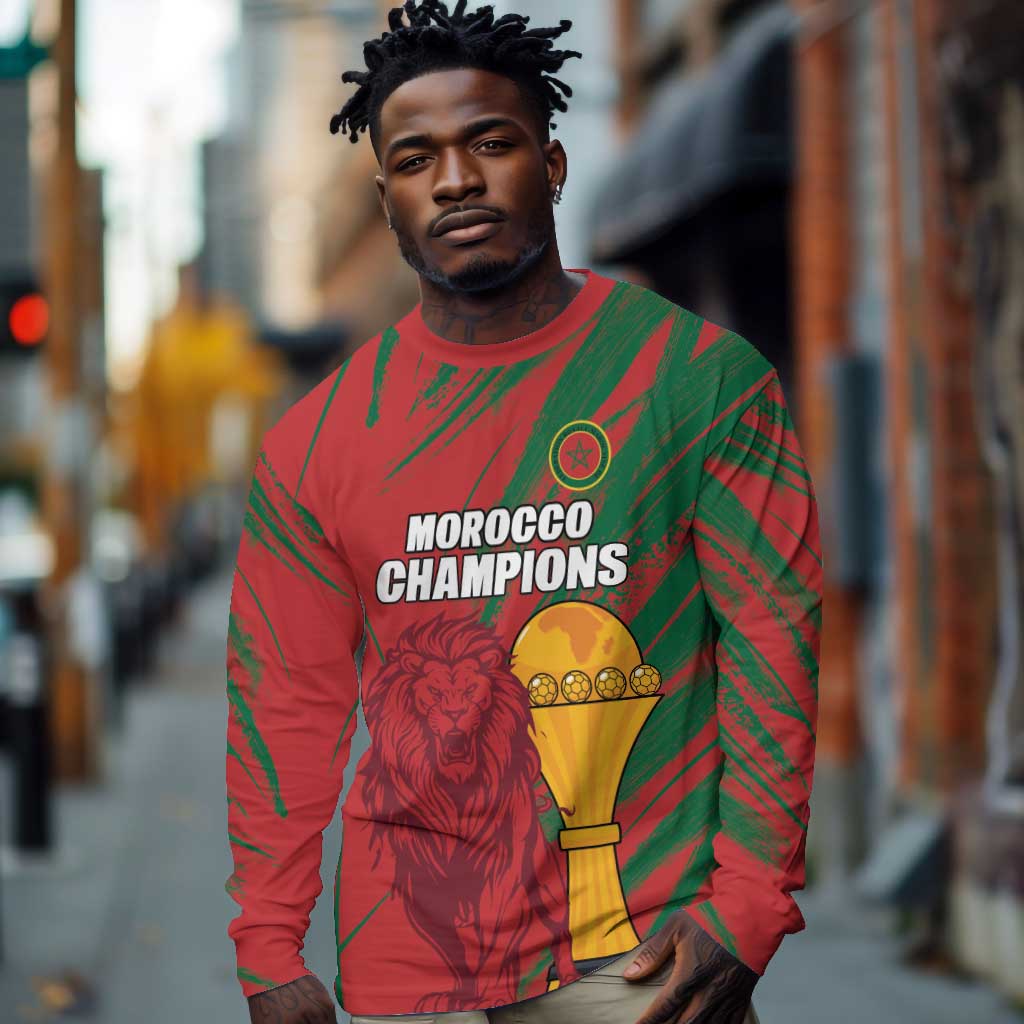 Custom Morocco Champions Football Long Sleeve Shirt Atlas Lions Grunge Motif