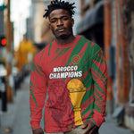 Custom Morocco Champions Football Long Sleeve Shirt Atlas Lions Grunge Motif