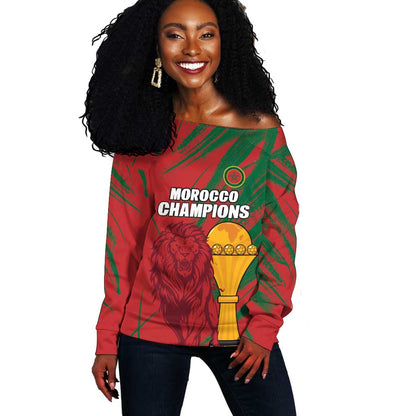 Custom Morocco Champions Football Off Shoulder Sweater Atlas Lions Grunge Motif