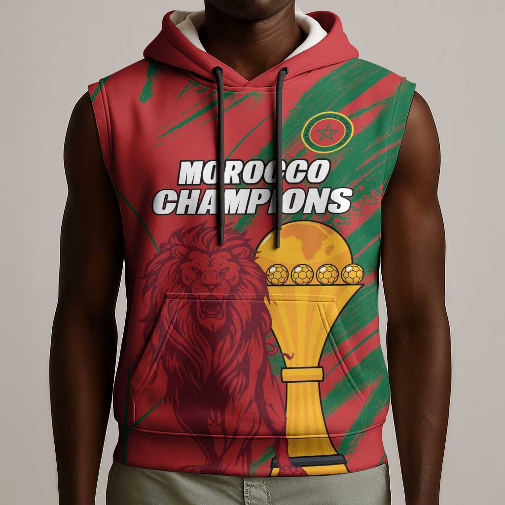 Custom Morocco Champions Football Sleeveless Hoodie Atlas Lions Grunge Motif