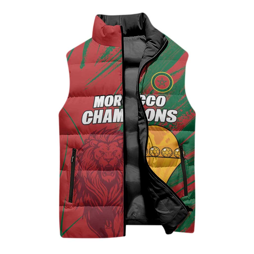 Custom Morocco Champions Football Sleeveless Puffer Jacket Atlas Lions Grunge Motif