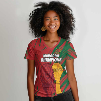 Custom Morocco Champions Football Women V-Neck T-Shirt Atlas Lions Grunge Motif