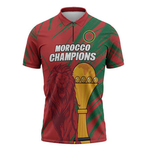 Custom Morocco Champions Football Zipper Polo Shirt Atlas Lions Grunge Motif