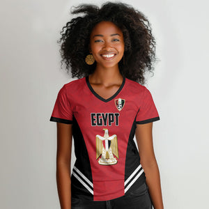 Custom Egypt Football Women V-Neck T-Shirt 2026 Glory Run Red Edition