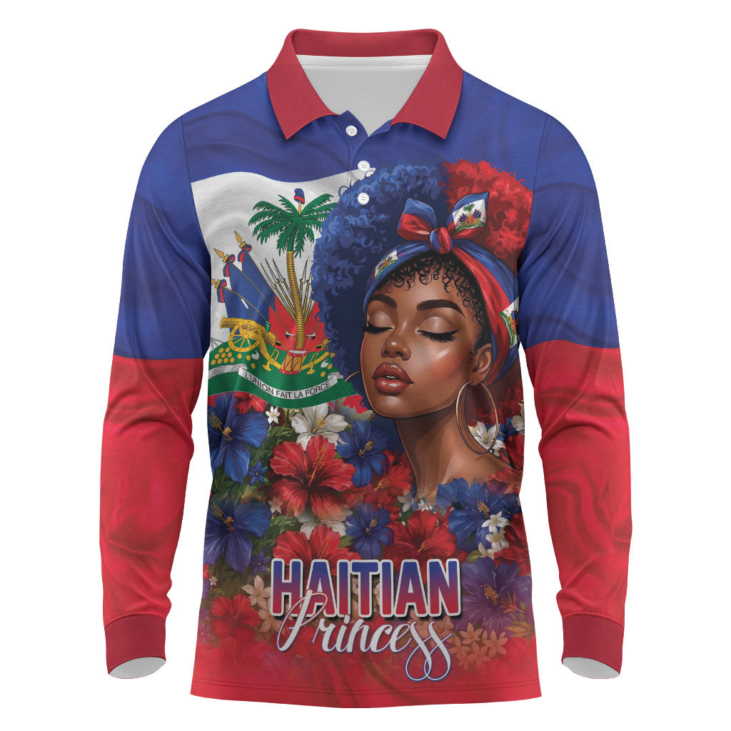 Haitian Princess Long Sleeve Polo Shirt Cultural Pride Floral Art