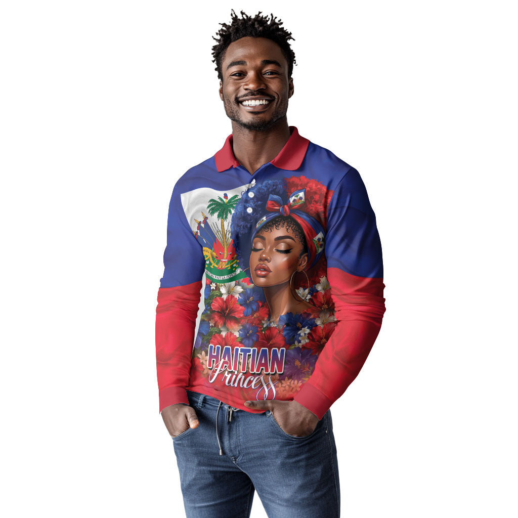 Haitian Princess Long Sleeve Polo Shirt Cultural Pride Floral Art