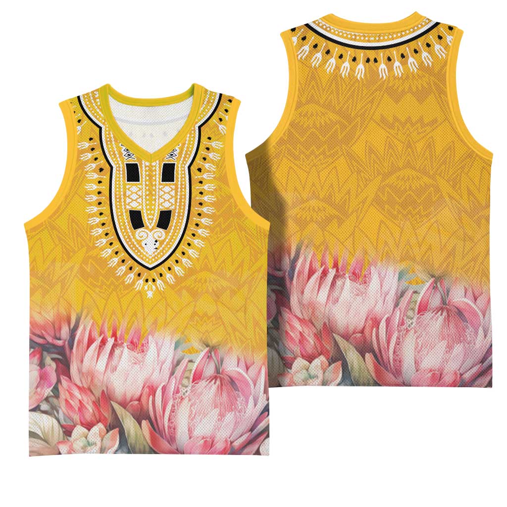 Africa Dashiki Basketball Jersey King Protea Floral Motif Patterns - African Pride