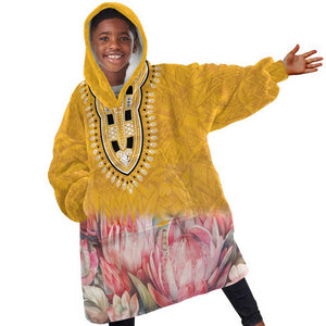 Africa Dashiki KId Wearable Blanket Hoodie King Protea Floral Motif Patterns