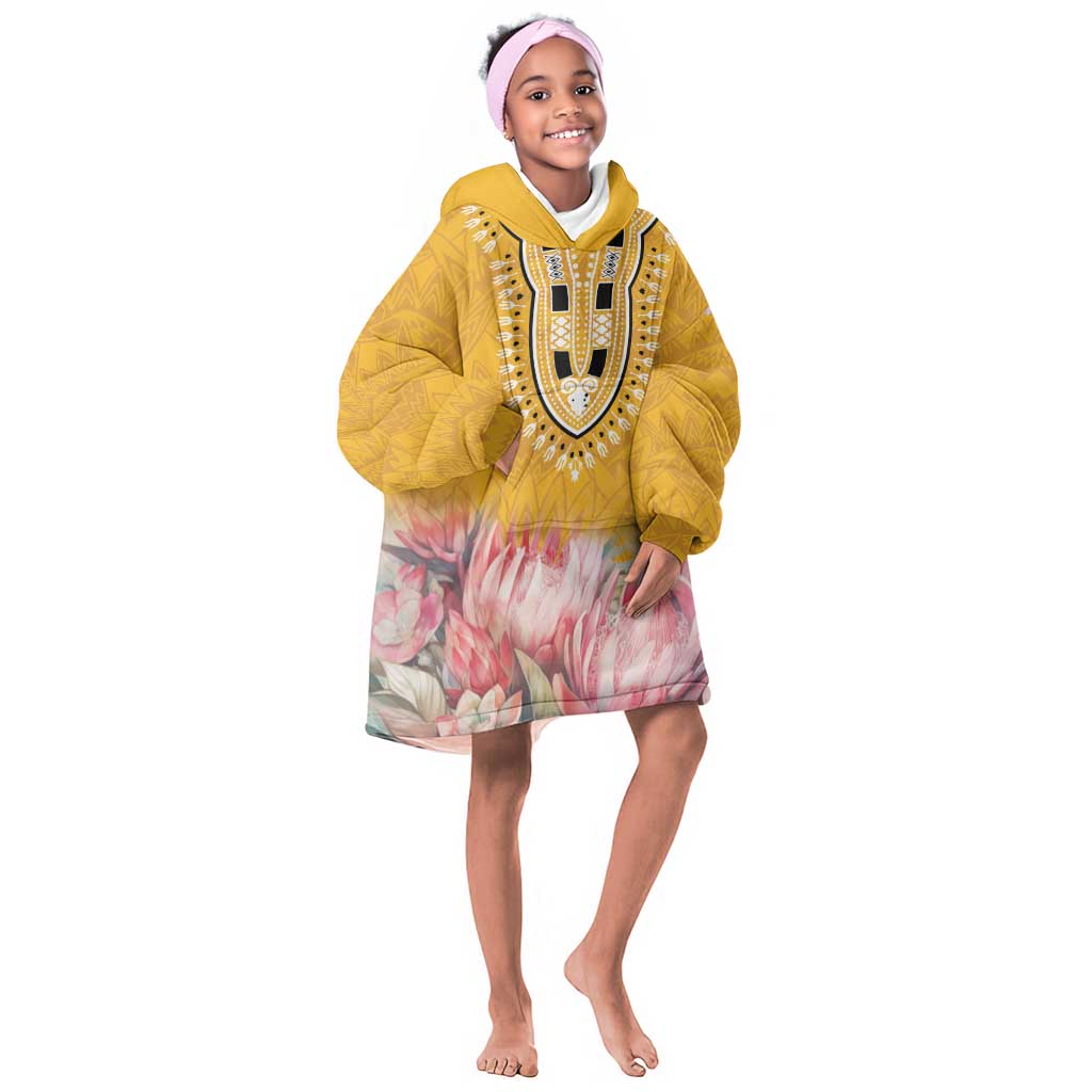 Africa Dashiki KId Wearable Blanket Hoodie King Protea Floral Motif Patterns