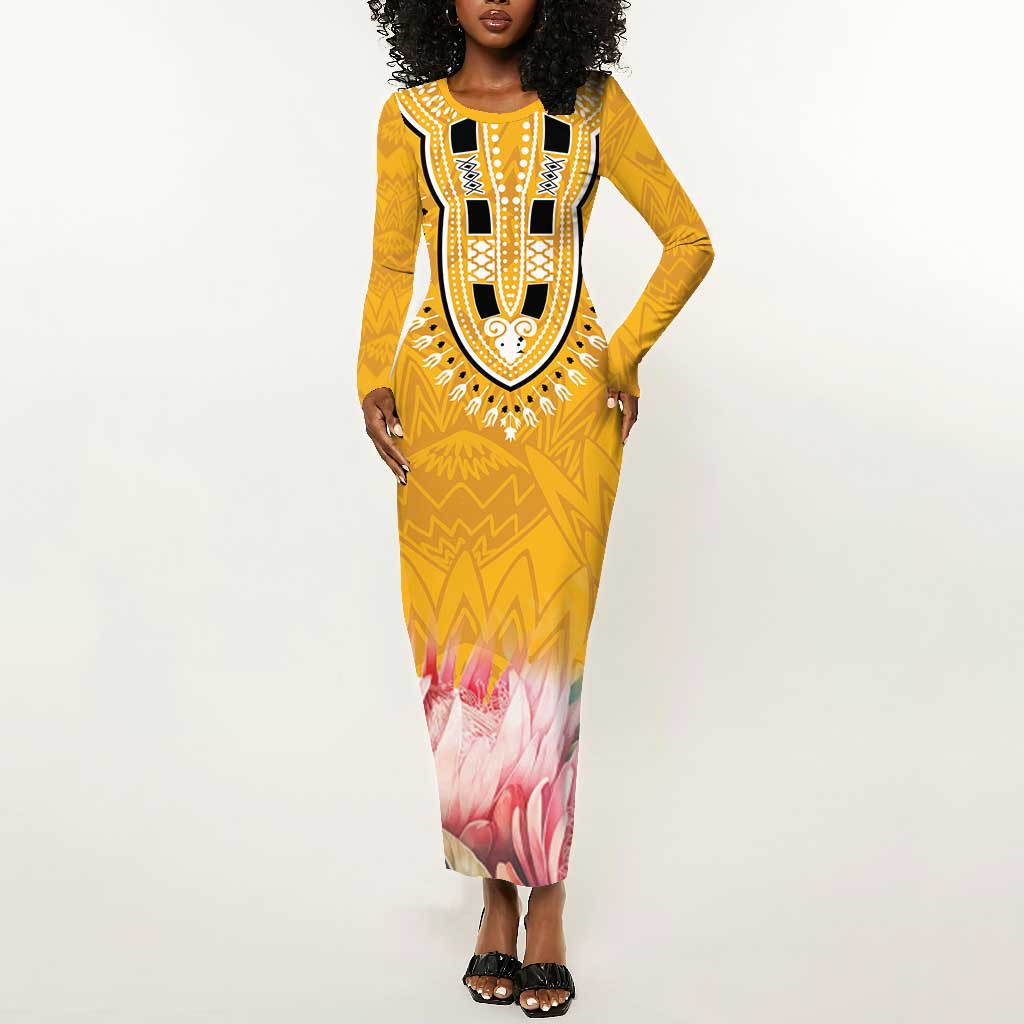 Africa Dashiki Long Sleeve Bodycon Dress King Protea Floral Motif Patterns LT18