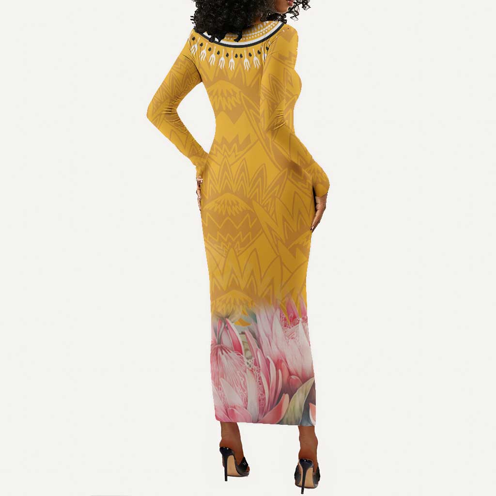 Africa Dashiki Long Sleeve Bodycon Dress King Protea Floral Motif Patterns LT18