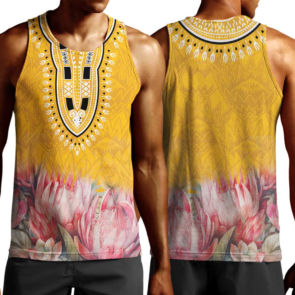 Africa Dashiki Men Tank Top King Protea Floral Motif Patterns