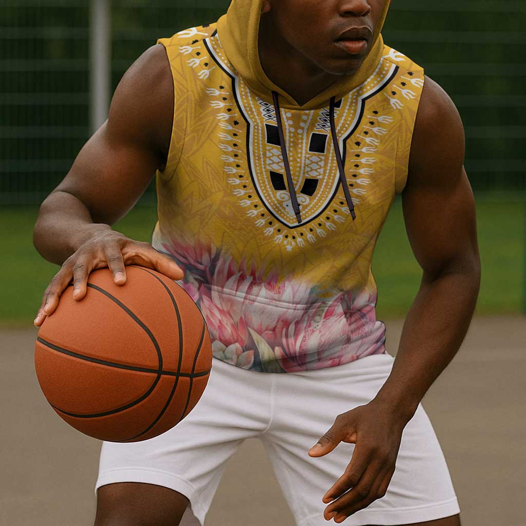 Africa Dashiki Sleeveless Hoodie King Protea Floral Motif Patterns - African Pride