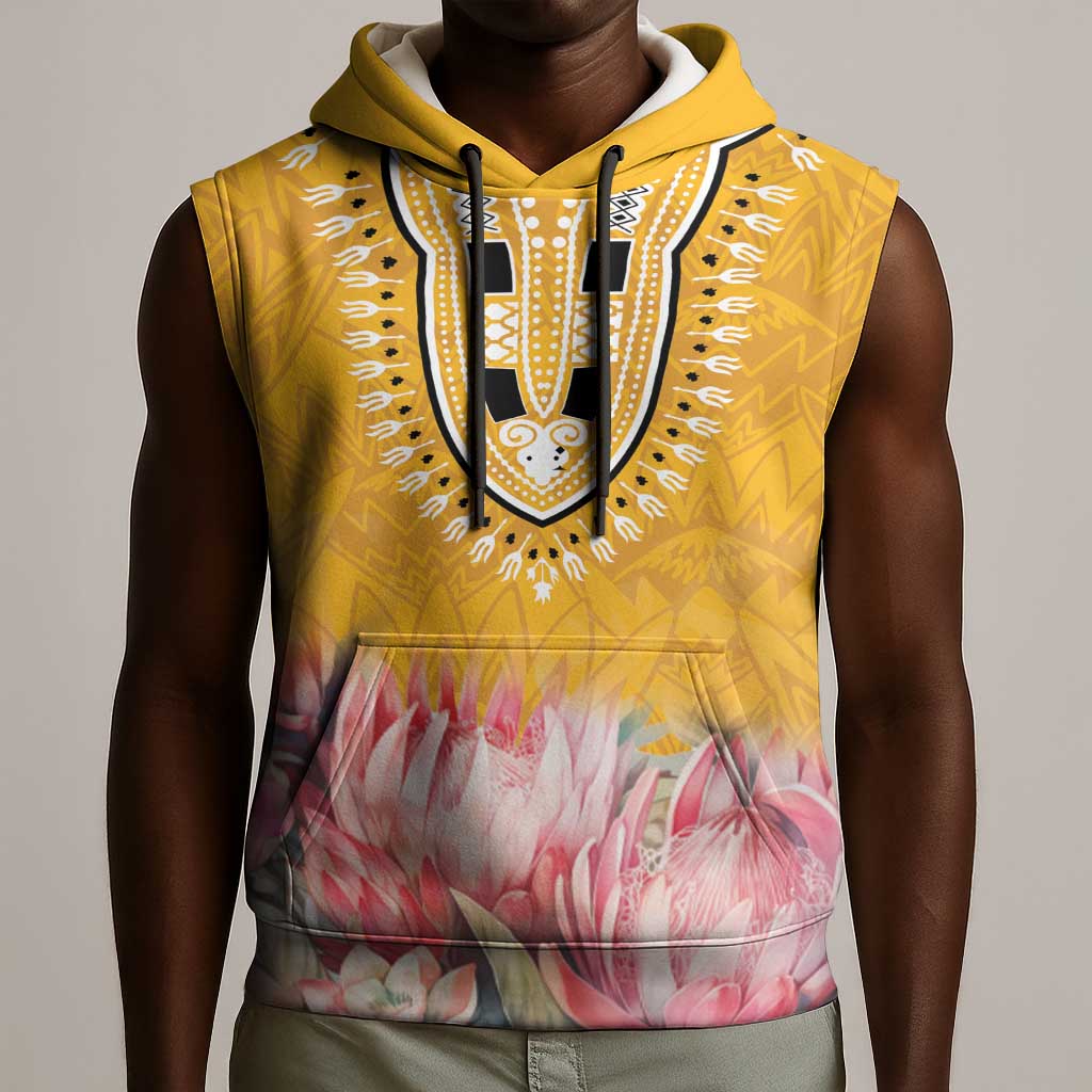 Africa Dashiki Sleeveless Hoodie King Protea Floral Motif Patterns - African Pride