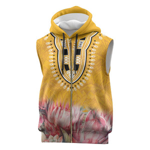 Africa Dashiki Sleeveless Zip Hoodie King Protea Floral Motif Patterns - African Pride