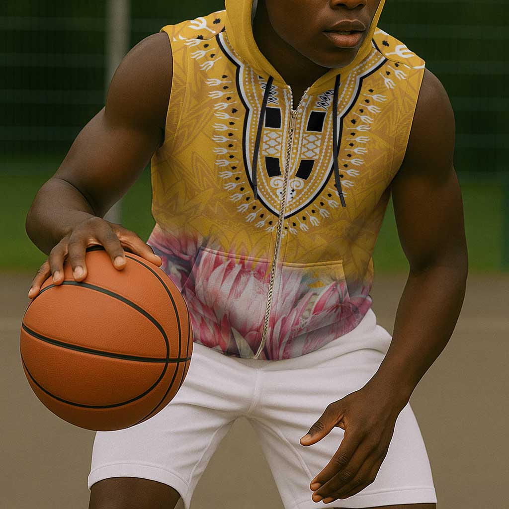Africa Dashiki Sleeveless Zip Hoodie King Protea Floral Motif Patterns - African Pride