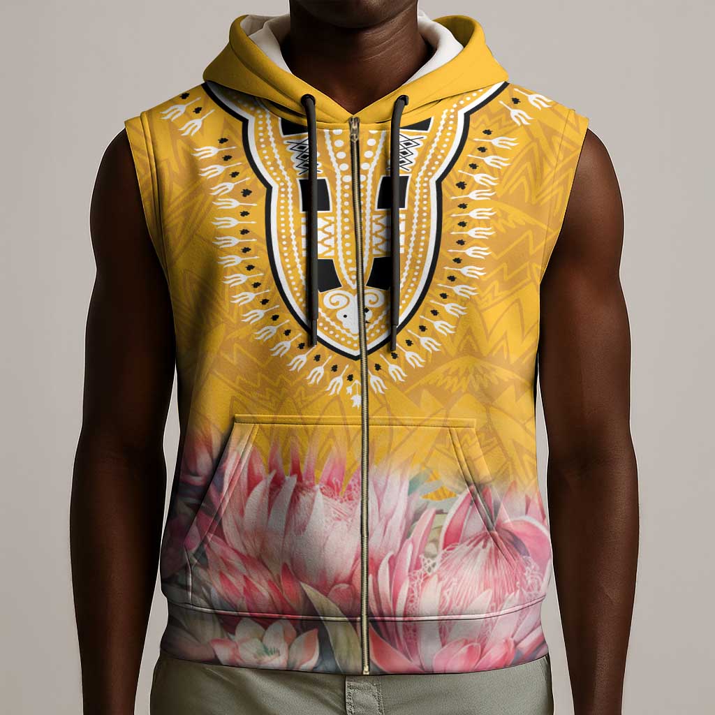 Africa Dashiki Sleeveless Zip Hoodie King Protea Floral Motif Patterns - African Pride