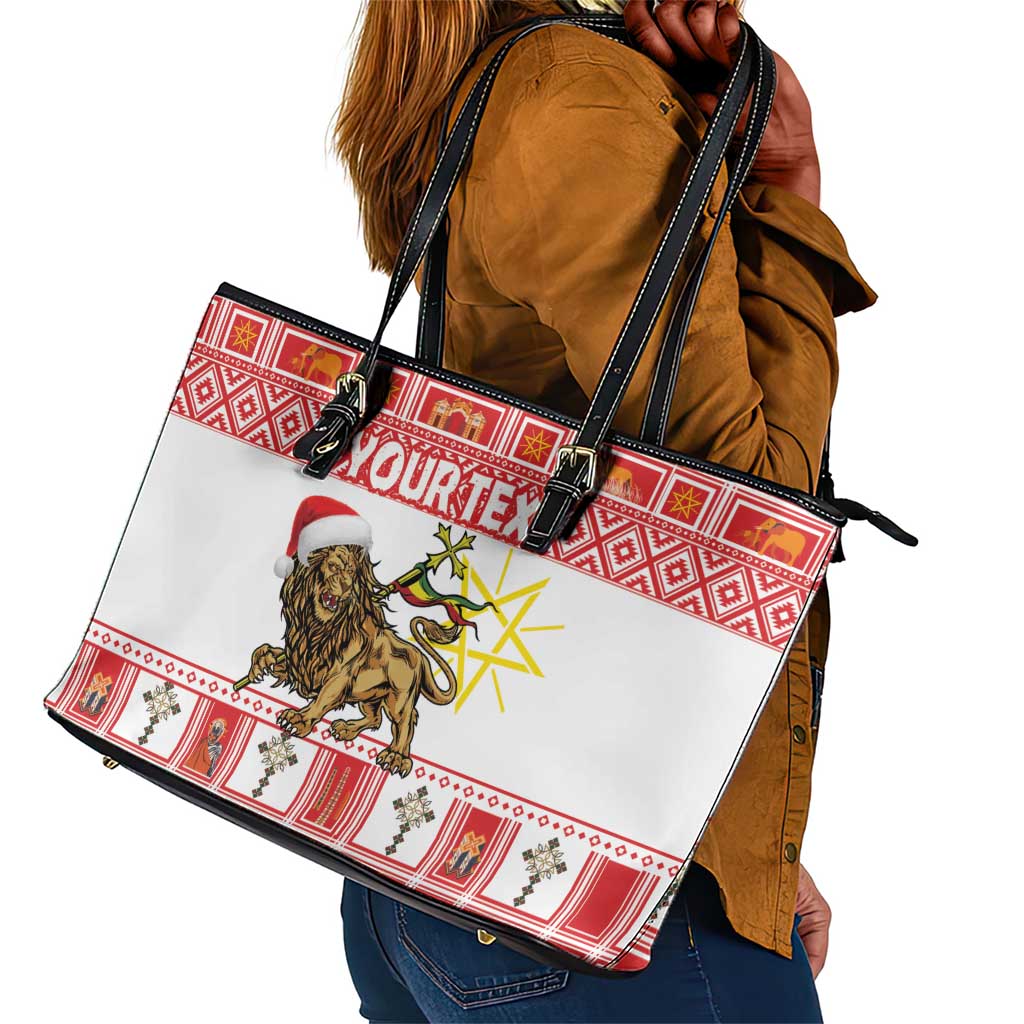 Personalized Ethiopia Melikam Gena Leather Tote Bag Merry Christmas Lion of Judah