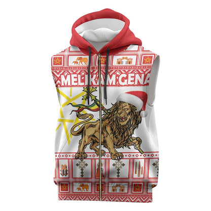 Personalized Ethiopia Melikam Gena Sleeveless Zip Hoodie Merry Christmas Lion of Judah - African Pride