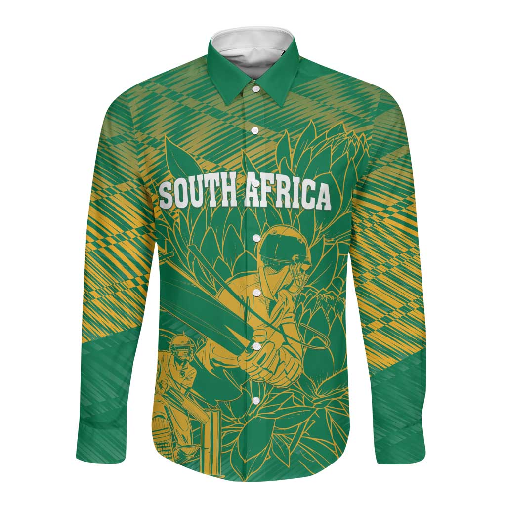Cricket South Africa Custom Long Sleeve Button Shirt Green Version Proteas - African Pride