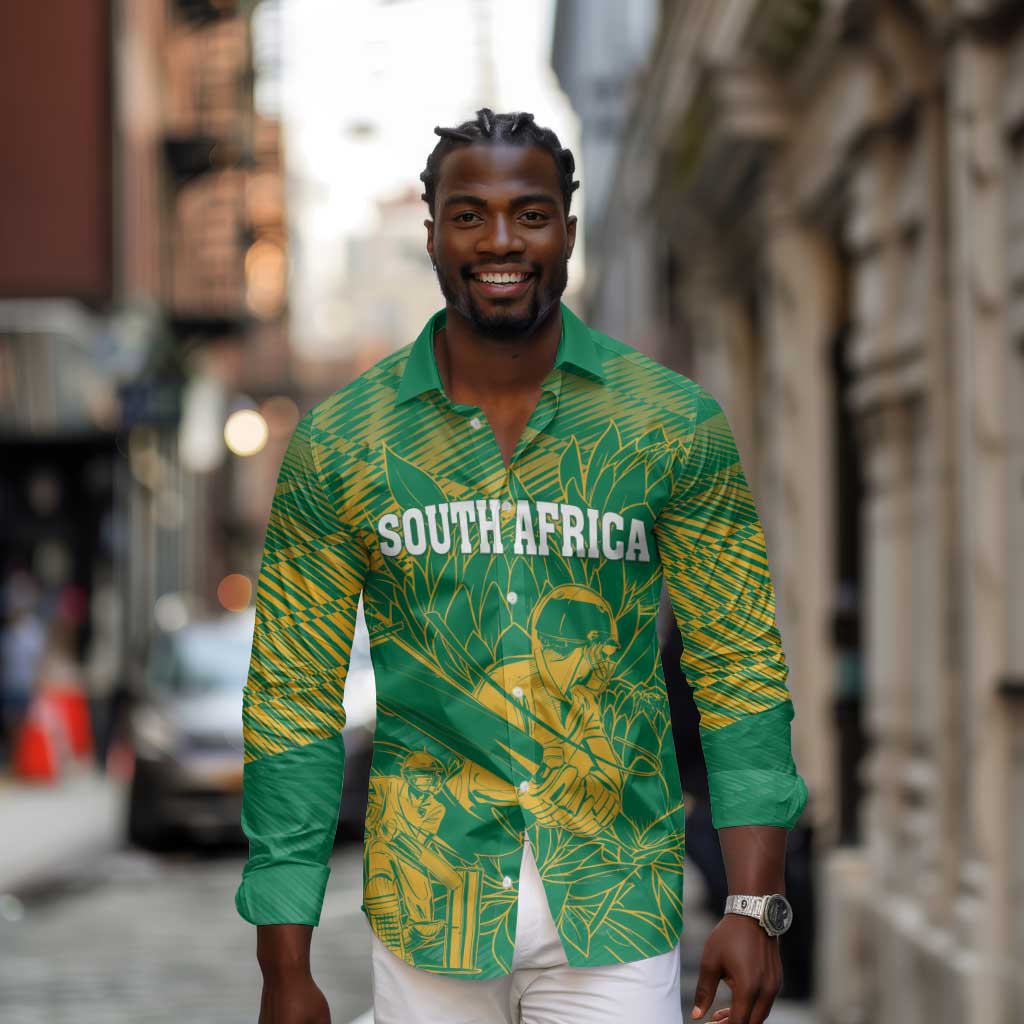 Cricket South Africa Custom Long Sleeve Button Shirt Green Version Proteas - African Pride