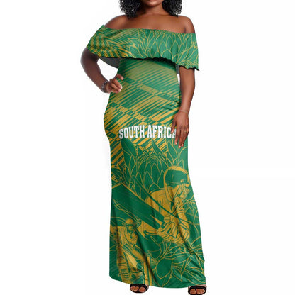Cricket South Africa Custom Off Shoulder Maxi Dress Green Version Proteas - African Pride