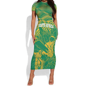 Cricket South Africa Custom Short Sleeve Bodycon Dress Green Version Proteas - African Pride