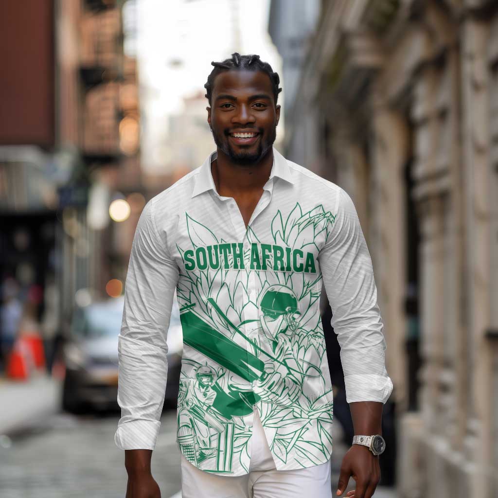 Cricket South Africa Custom Long Sleeve Button Shirt White Version Proteas - African Pride