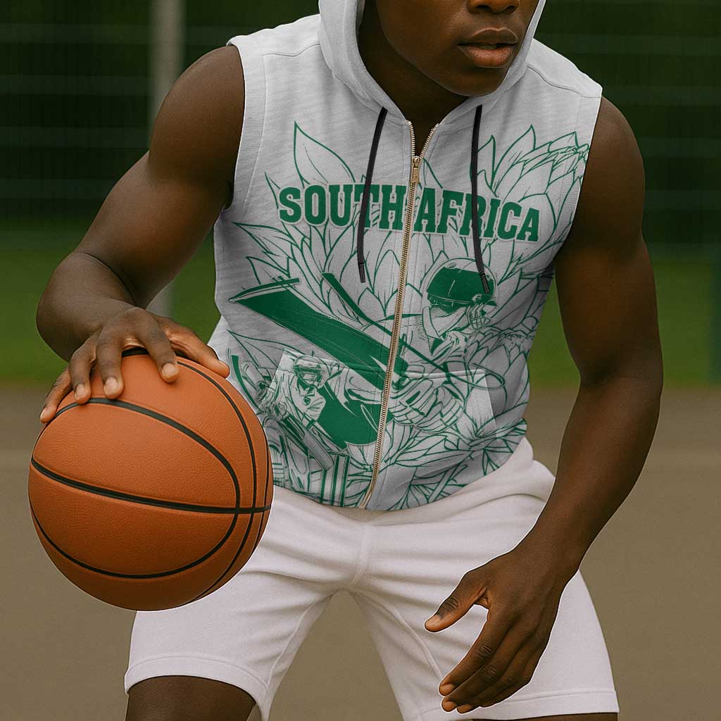 Cricket South Africa Custom Sleeveless Zip Hoodie White Version Proteas - African Pride