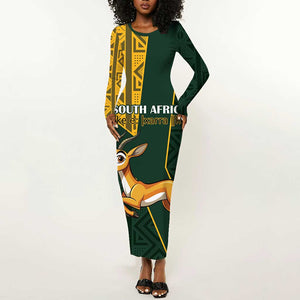 Custom South Africa Springbok Jumping Long Sleeve Bodycon Dress With Kente Patterns LT18