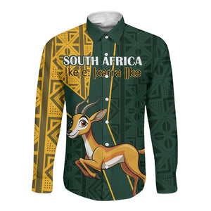 Custom South Africa Springbok Jumping Long Sleeve Button Shirt With Kente Patterns