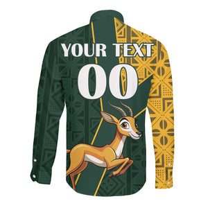 Custom South Africa Springbok Jumping Long Sleeve Button Shirt With Kente Patterns
