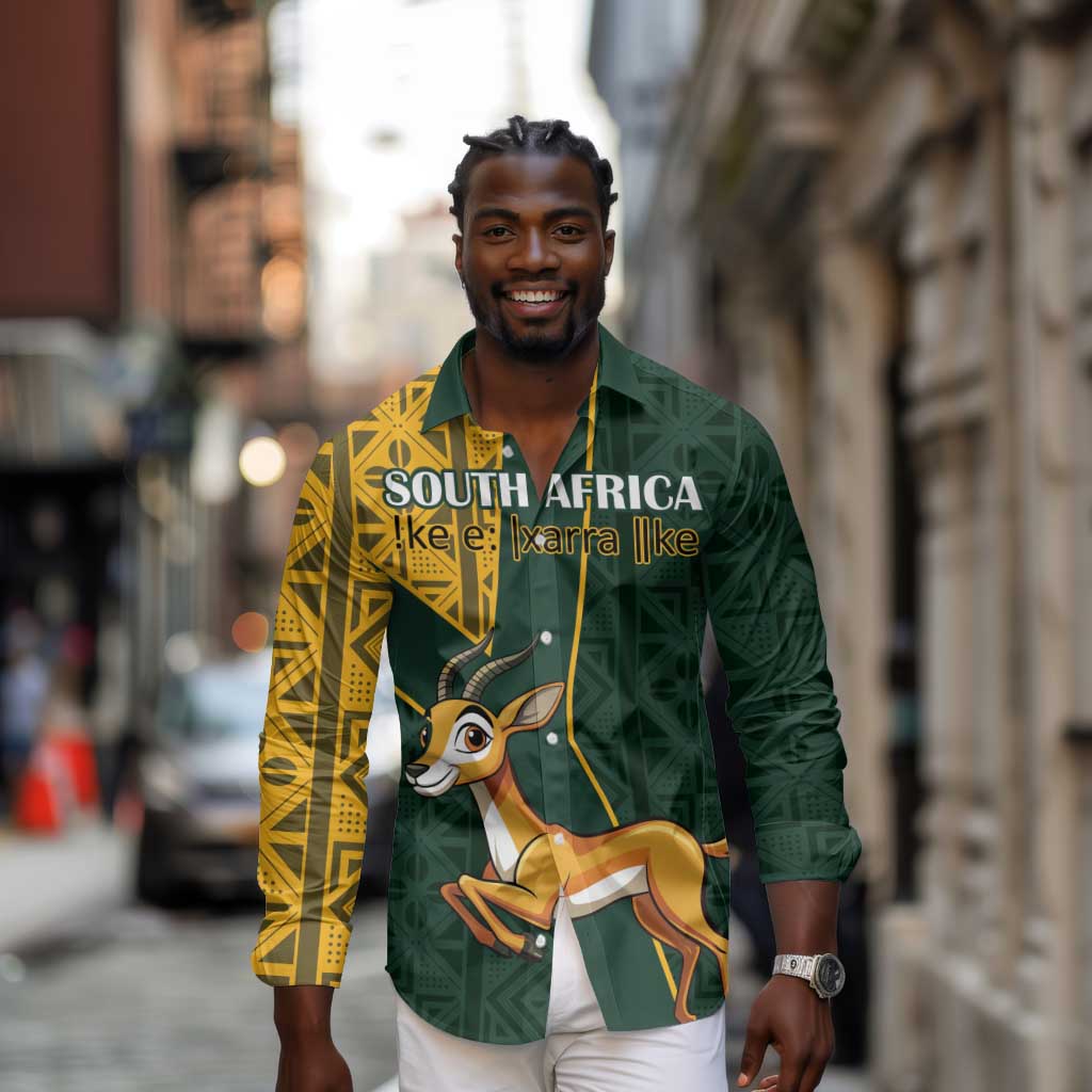 Custom South Africa Springbok Jumping Long Sleeve Button Shirt With Kente Patterns