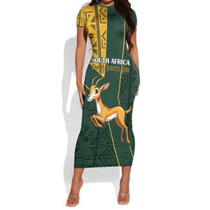 Custom South Africa Springbok Jumping Short Sleeve Bodycon Dress With Kente Patterns LT18