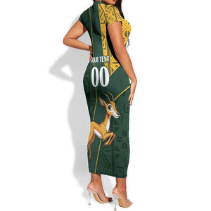 Custom South Africa Springbok Jumping Short Sleeve Bodycon Dress With Kente Patterns LT18