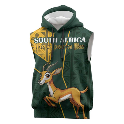 Custom South Africa Springbok Jumping Sleeveless Hoodie With Kente Patterns - African Pride