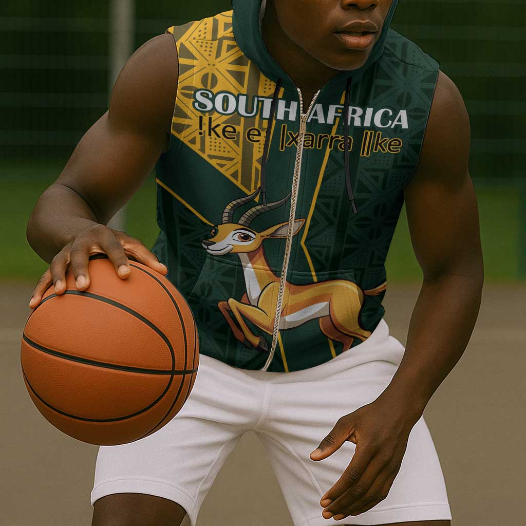 Custom South Africa Springbok Jumping Sleeveless Zip Hoodie With Kente Patterns - African Pride