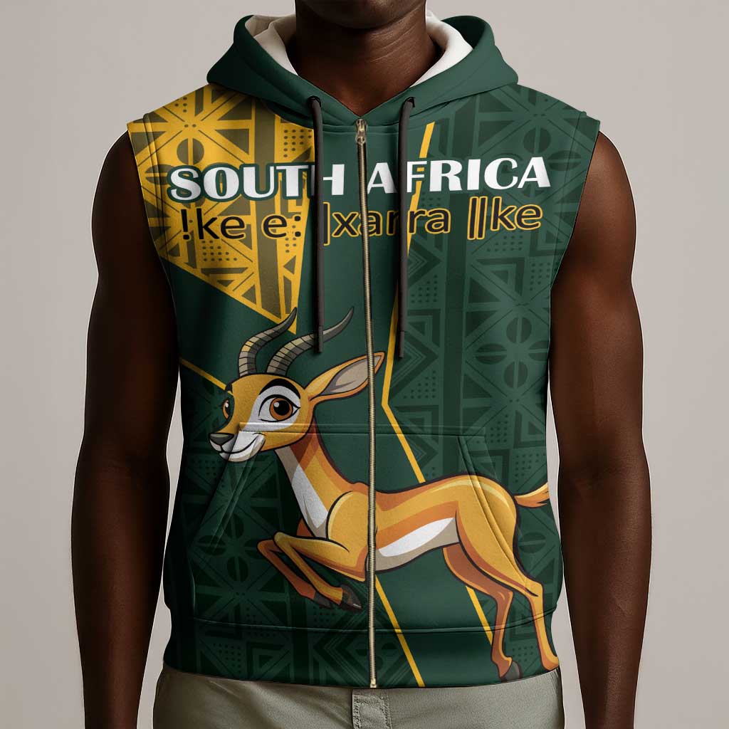 Custom South Africa Springbok Jumping Sleeveless Zip Hoodie With Kente Patterns - African Pride