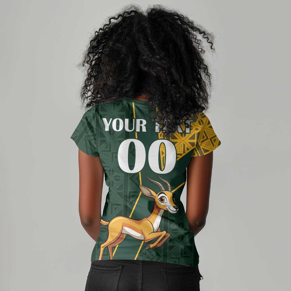 Custom South Africa Springbok Jumping Women V-Neck T-Shirt With Kente Patterns