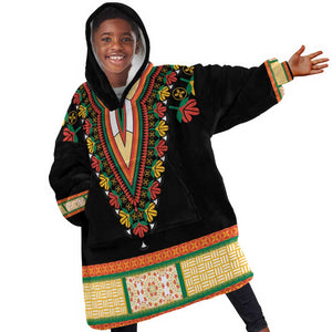 Africa Dashiki KId Wearable Blanket Hoodie Embroidery Neckline Floral Pattern
