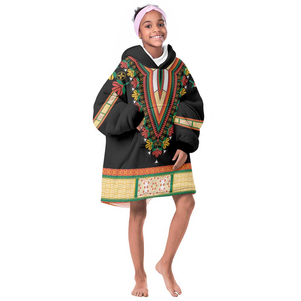 Africa Dashiki KId Wearable Blanket Hoodie Embroidery Neckline Floral Pattern