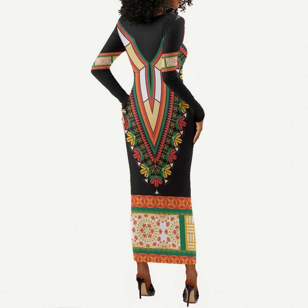 Africa Dashiki Long Sleeve Bodycon Dress Embroidery Neckline Floral Pattern LT18