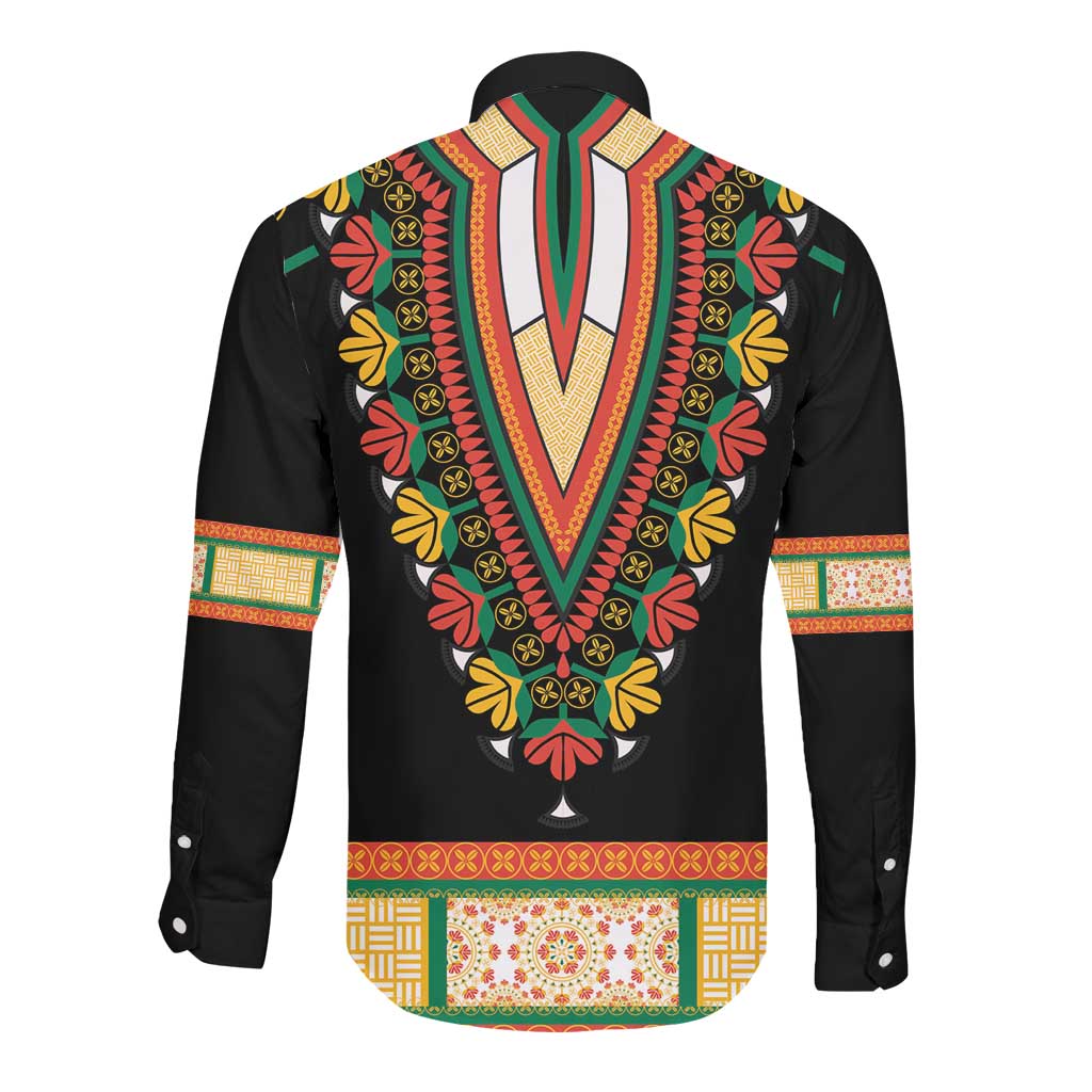 Africa Dashiki Long Sleeve Button Shirt Embroidery Neckline Floral Pattern