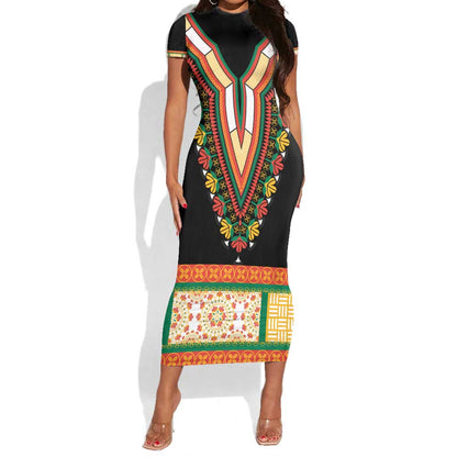 Africa Dashiki Short Sleeve Bodycon Dress Embroidery Neckline Floral Pattern LT18