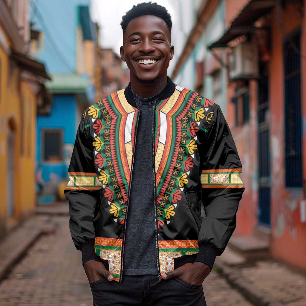 Africa Dashiki Sleeve Zip Bomber Jacket Embroidery Neckline Floral Pattern