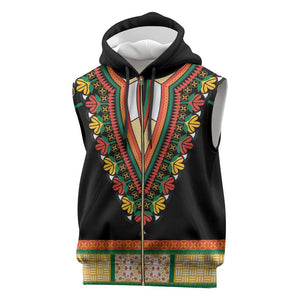 Africa Dashiki Sleeveless Zip Hoodie Embroidery Neckline Floral Pattern - African Pride