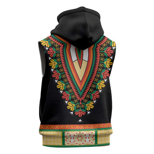 Africa Dashiki Sleeveless Zip Hoodie Embroidery Neckline Floral Pattern - African Pride