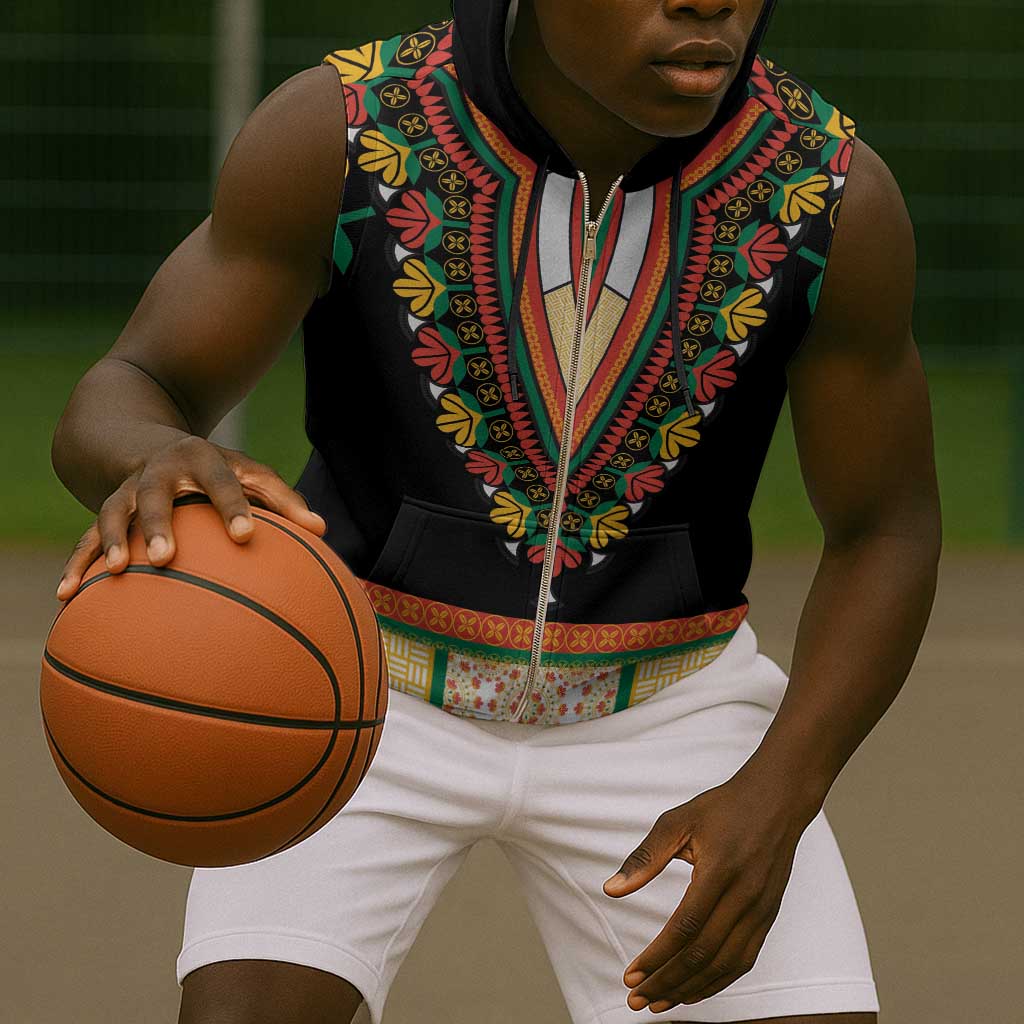 Africa Dashiki Sleeveless Zip Hoodie Embroidery Neckline Floral Pattern - African Pride