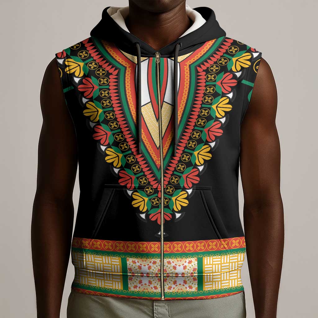 Africa Dashiki Sleeveless Zip Hoodie Embroidery Neckline Floral Pattern - African Pride
