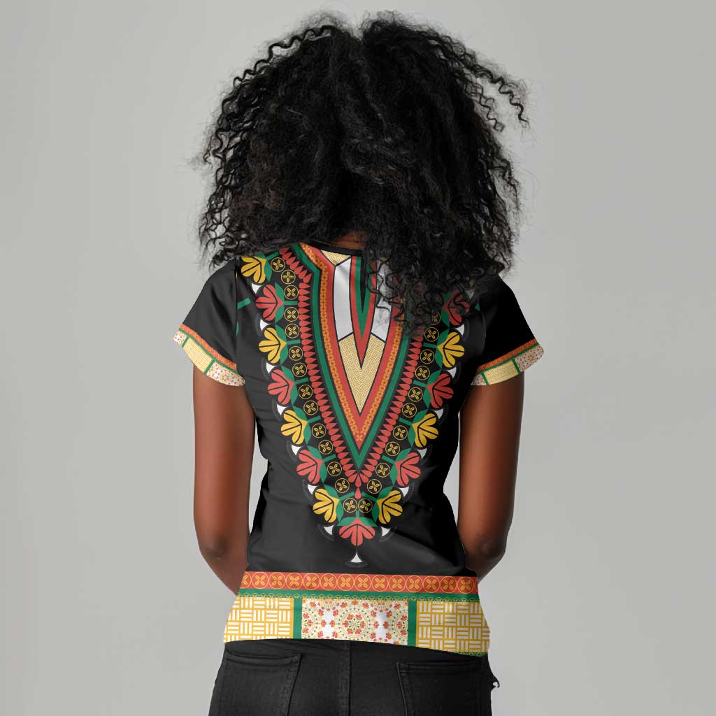 Africa Dashiki Women V-Neck T-Shirt Embroidery Neckline Floral Pattern